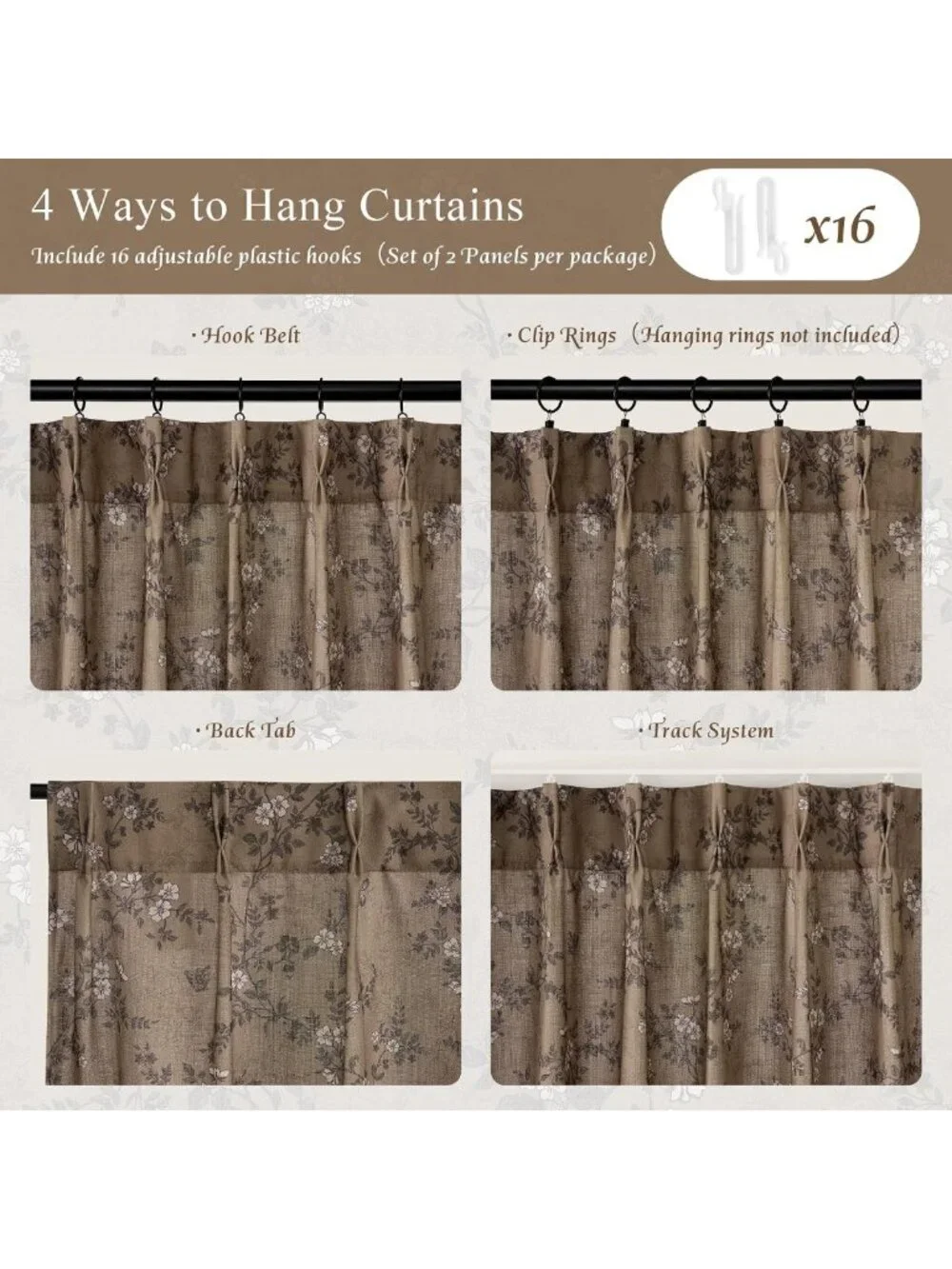 Elegant Brown Linen Pinch Pleat Curtains | Floral Fall Home Decor 96